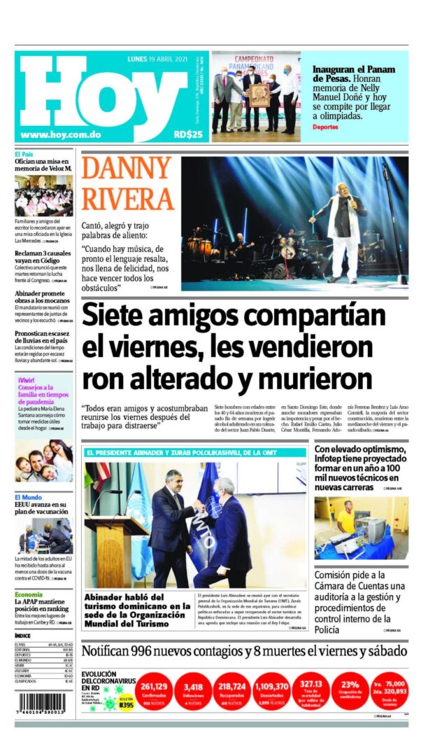 Portada Periódico Hoy, Lunes 19 de Abril, 2021