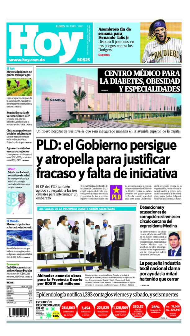 Portada Periódico Hoy, Lunes 26 de Abril, 2021