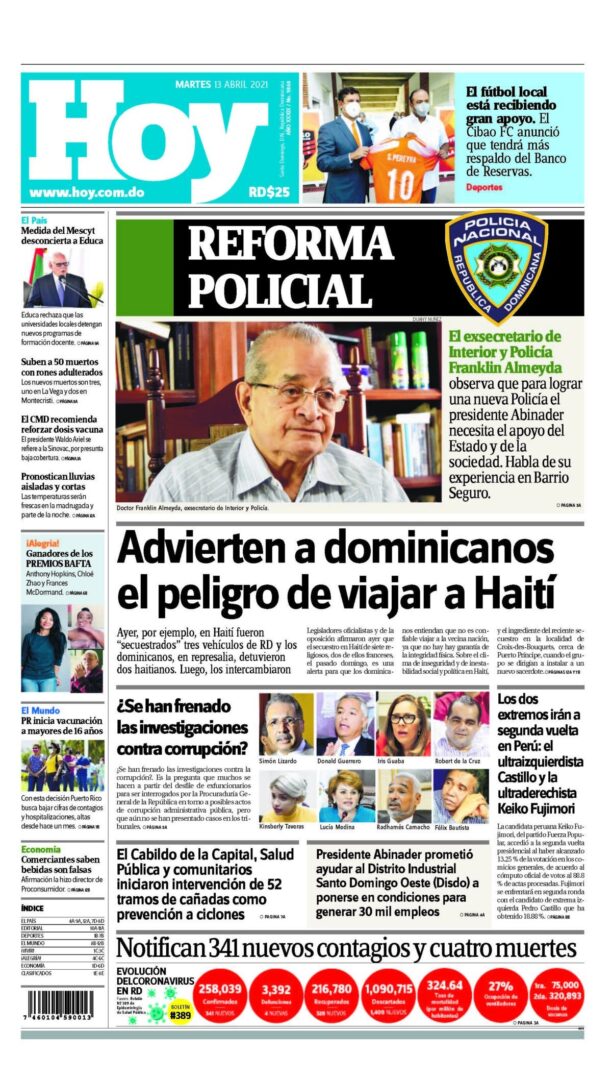 Portada Periódico Hoy, Martes 13 de Abril, 2021