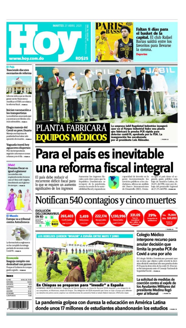 Portada Periódico Hoy, Martes 27 de Abril, 2021