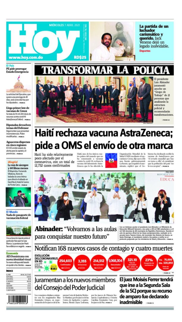 Portada Periódico Hoy, Miércoles 07 de Abril, 2021