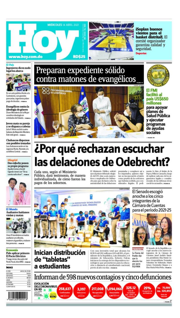 Portada Periódico Hoy, Miércoles 14 de Abril, 2021