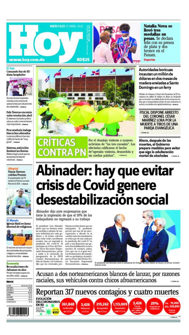 Portada Periódico Hoy, Miércoles 21 de Abril, 2021