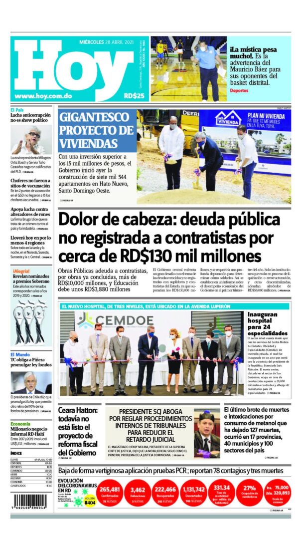 Portada Periódico Hoy, Miércoles 28 de Abril, 2021