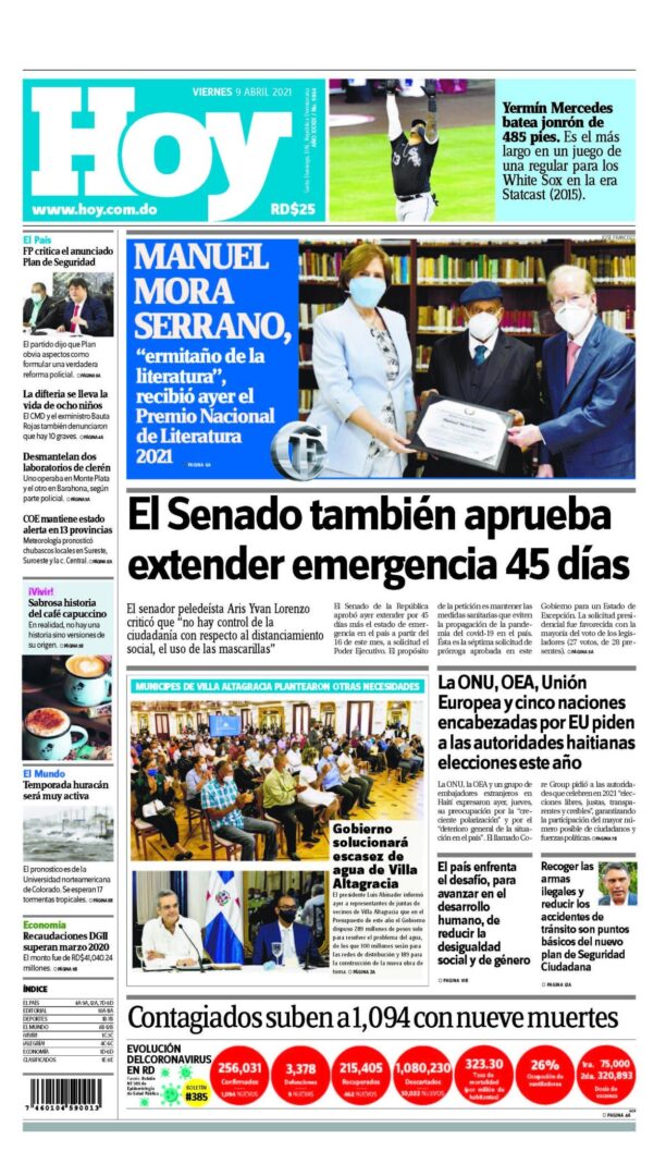 Portada Periódico Hoy, Viernes 09 de Abril, 2021