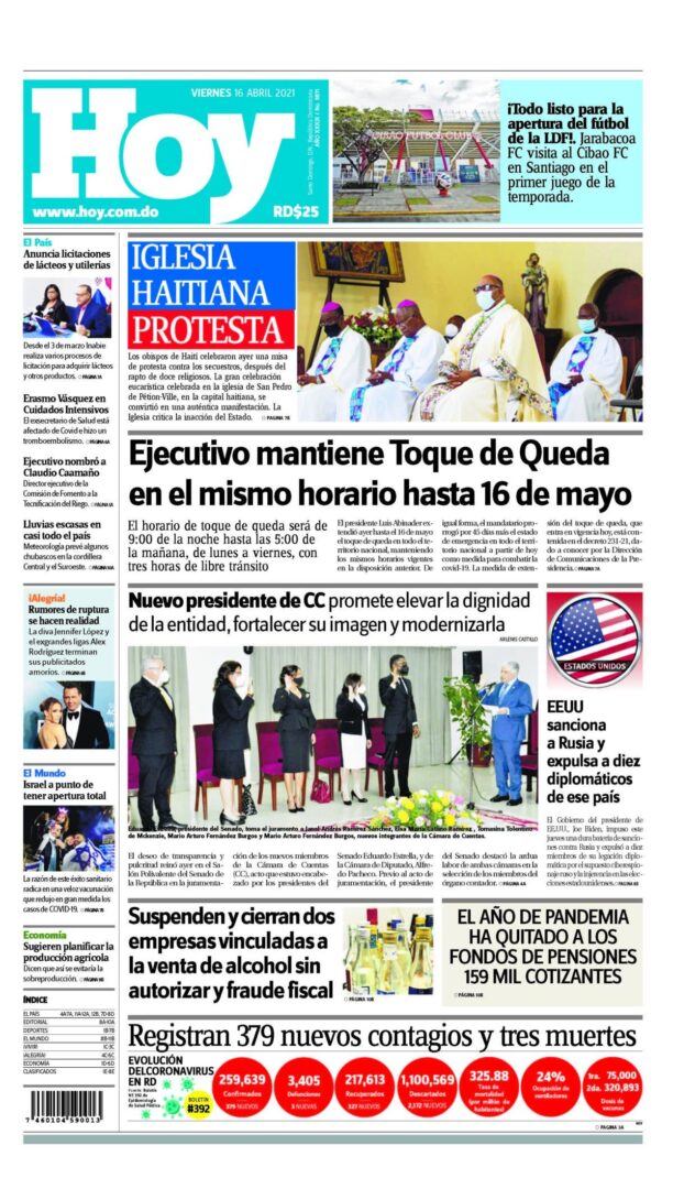 Portada Periódico Hoy, Viernes 16 de Abril, 2021