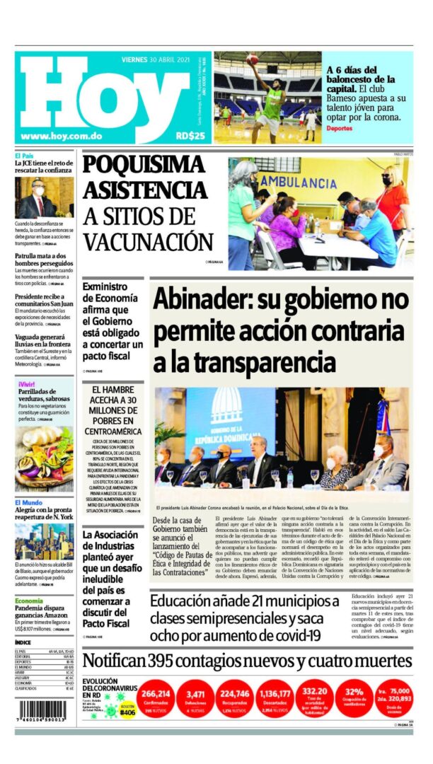 Portada Periódico Hoy, Viernes 30 de Abril, 2021