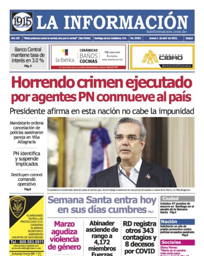 Portada Periódico La Información, Jueves 01 de Abril, 2021