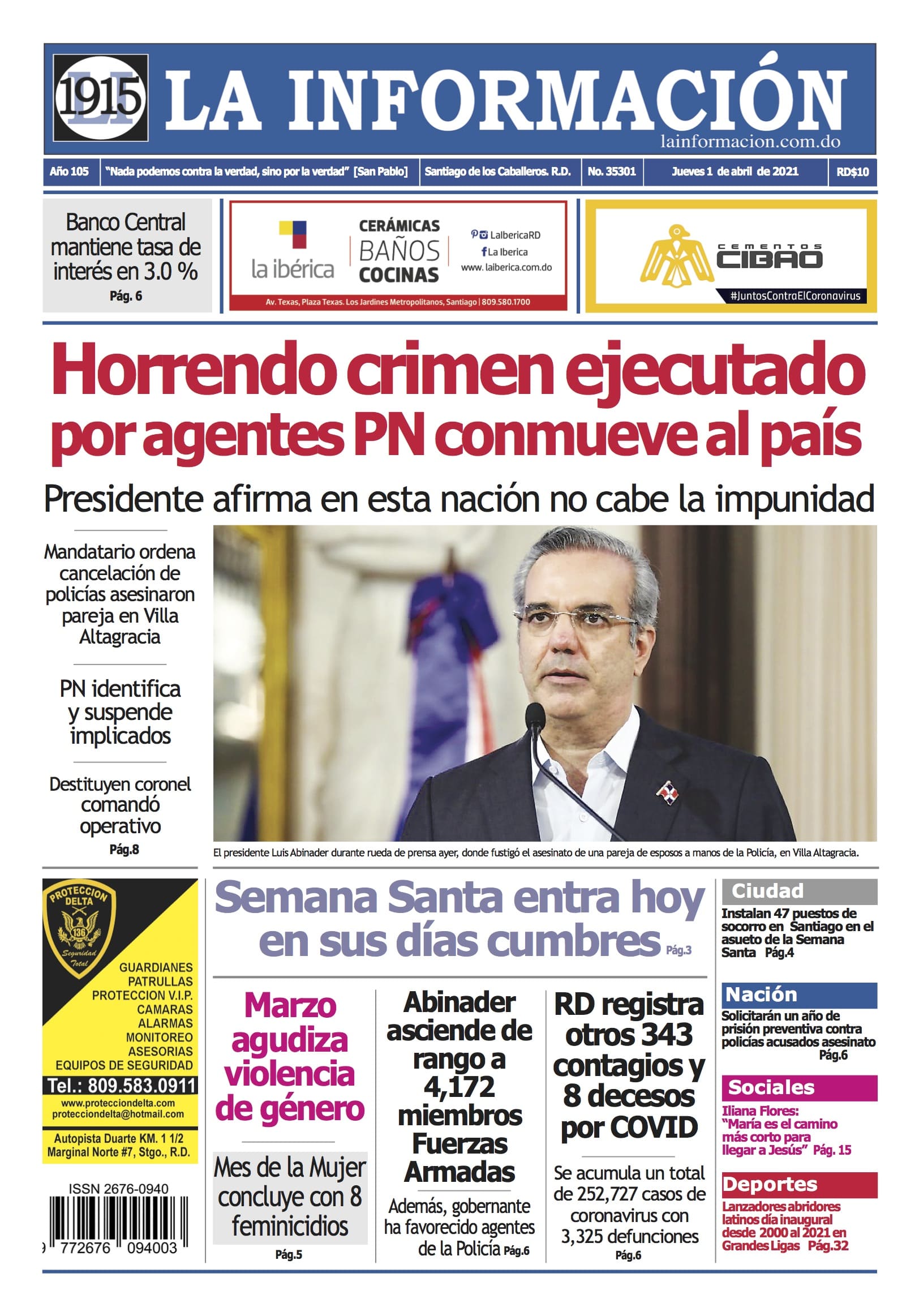 Portada Periódico La Información, Jueves 01 de Abril, 2021