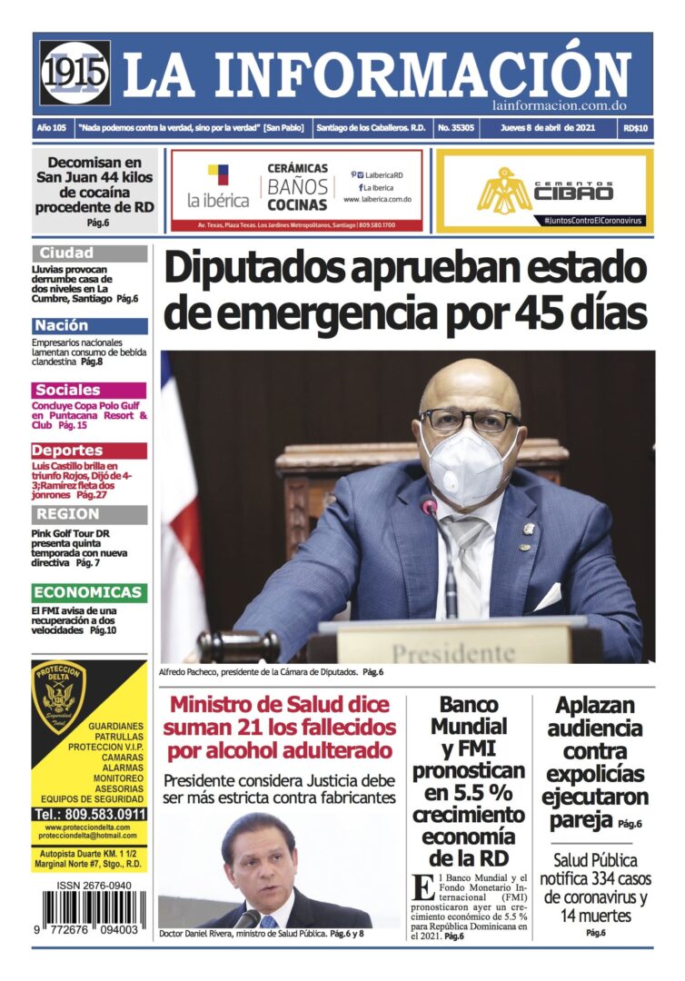 Portada Periódico La Información, Jueves 08 de Abril, 2021