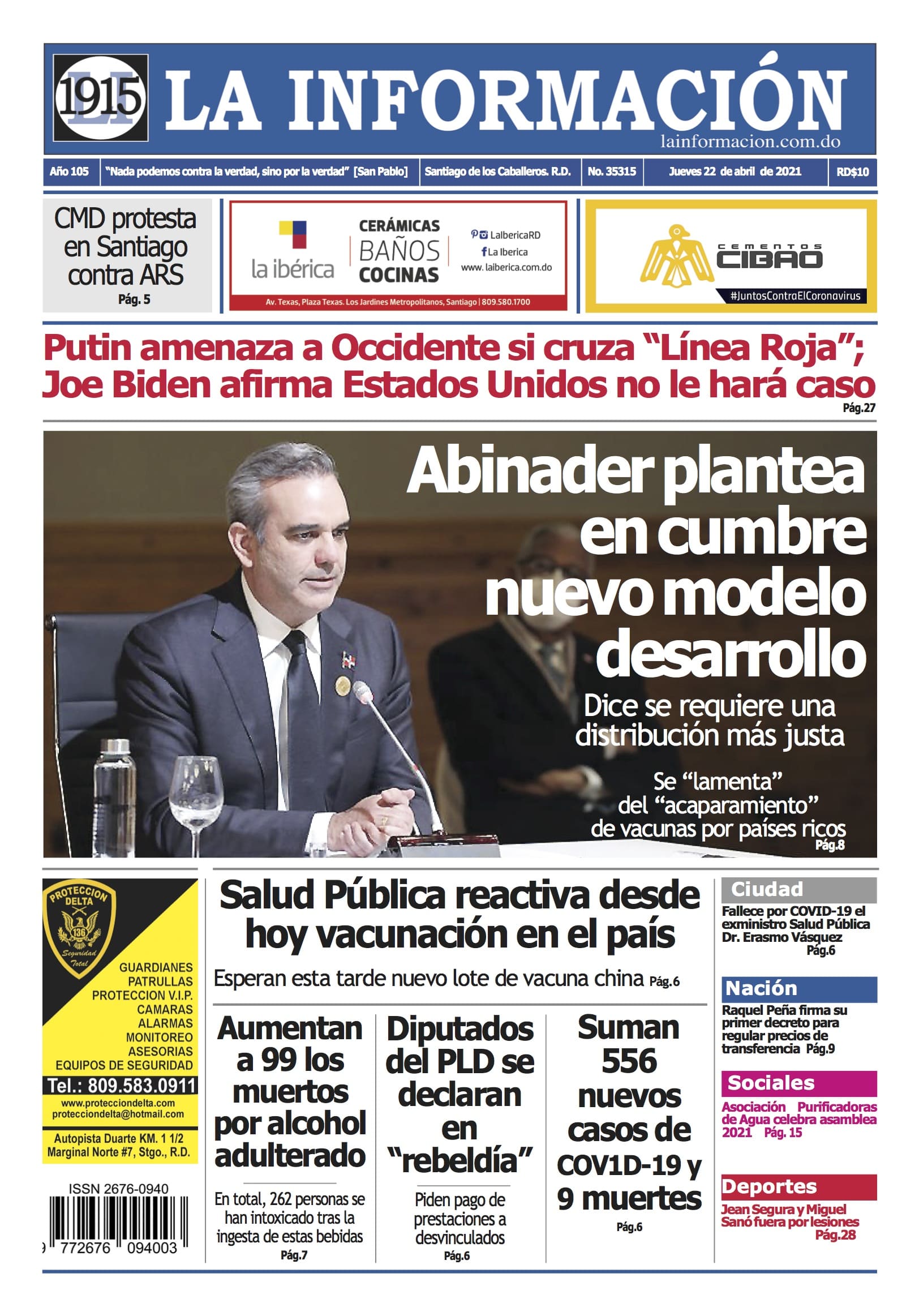 Portada Periódico La Información, Jueves 22 de Abril, 2021