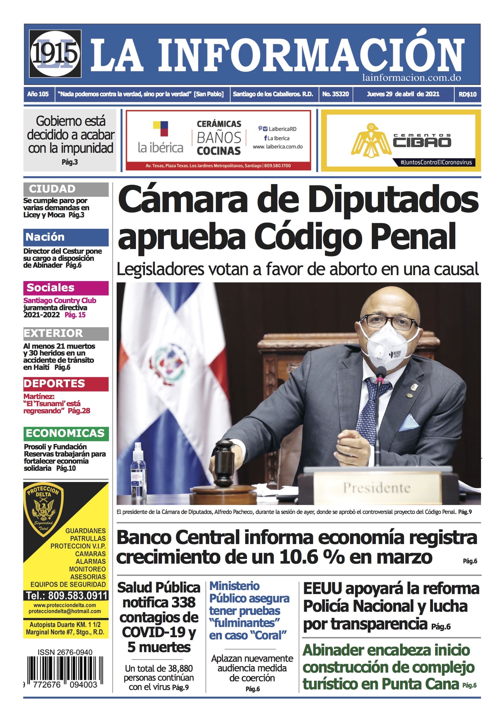 Portada Periódico La Información, Jueves 29 de Abril, 2021