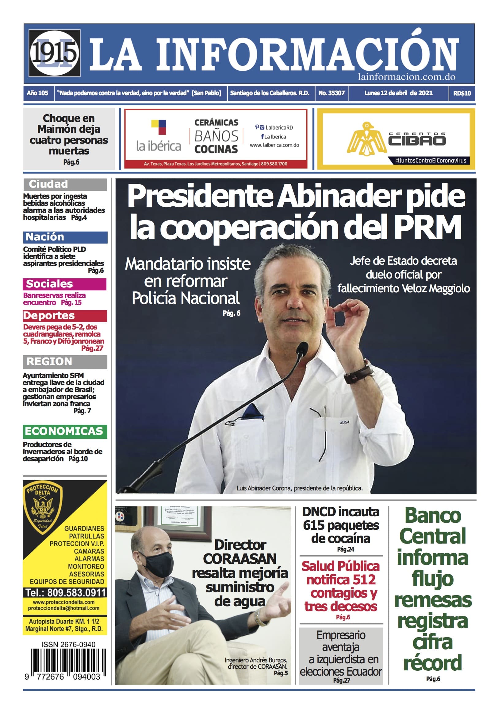 Portada Periódico La Información, Lunes 12 de Abril, 2021