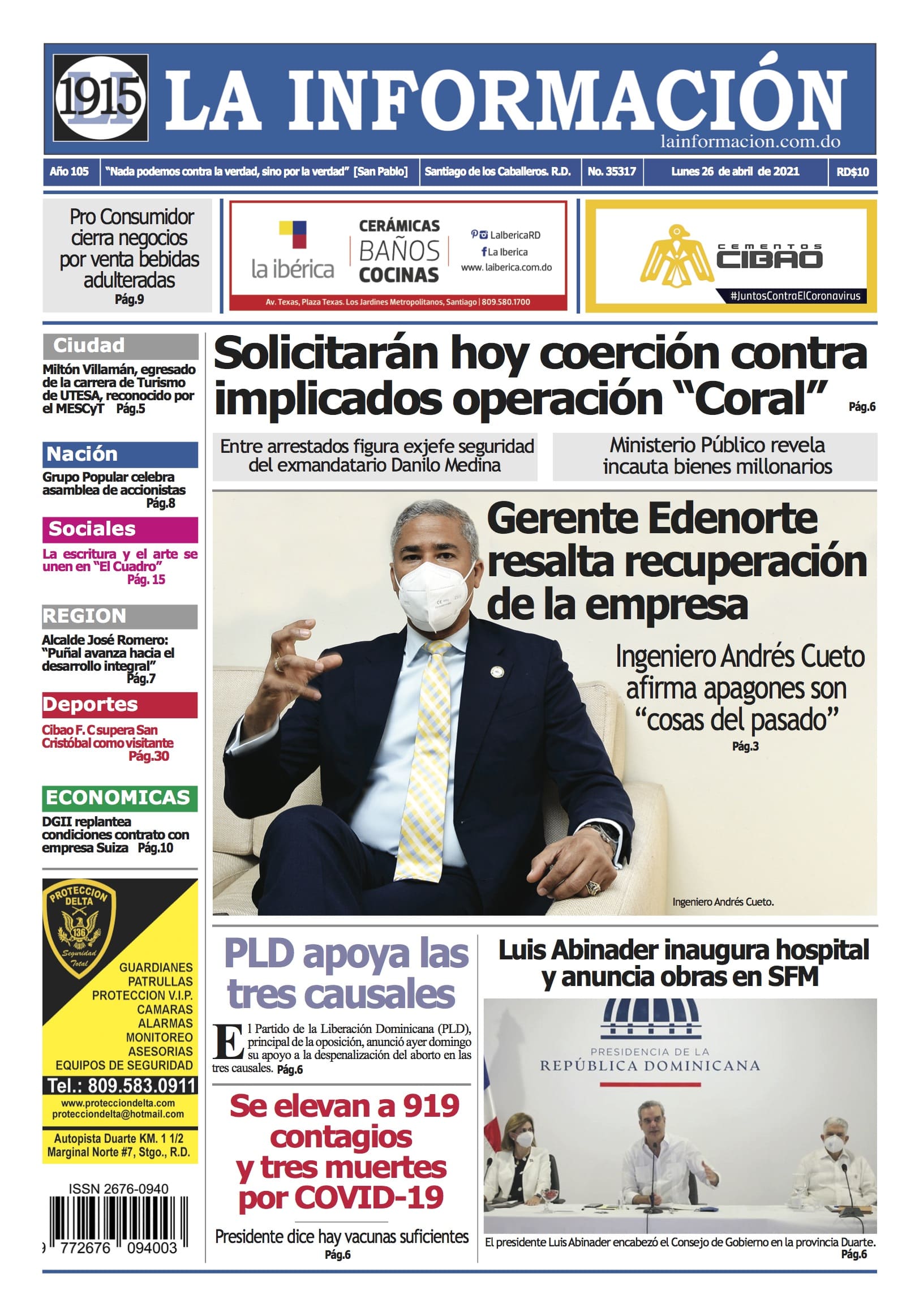 Portada Periódico La Información, Lunes 26 de Abril, 2021