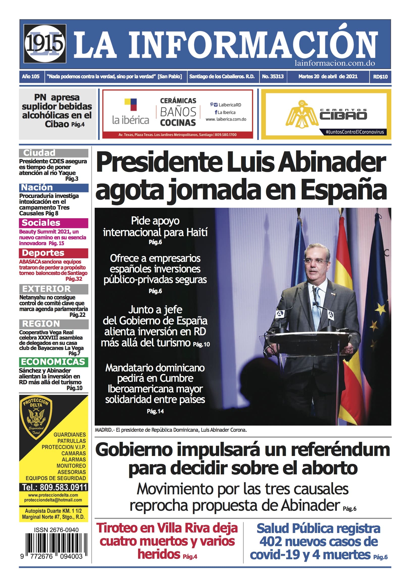 Portada Periódico La Información, Martes 20 de Abril, 2021