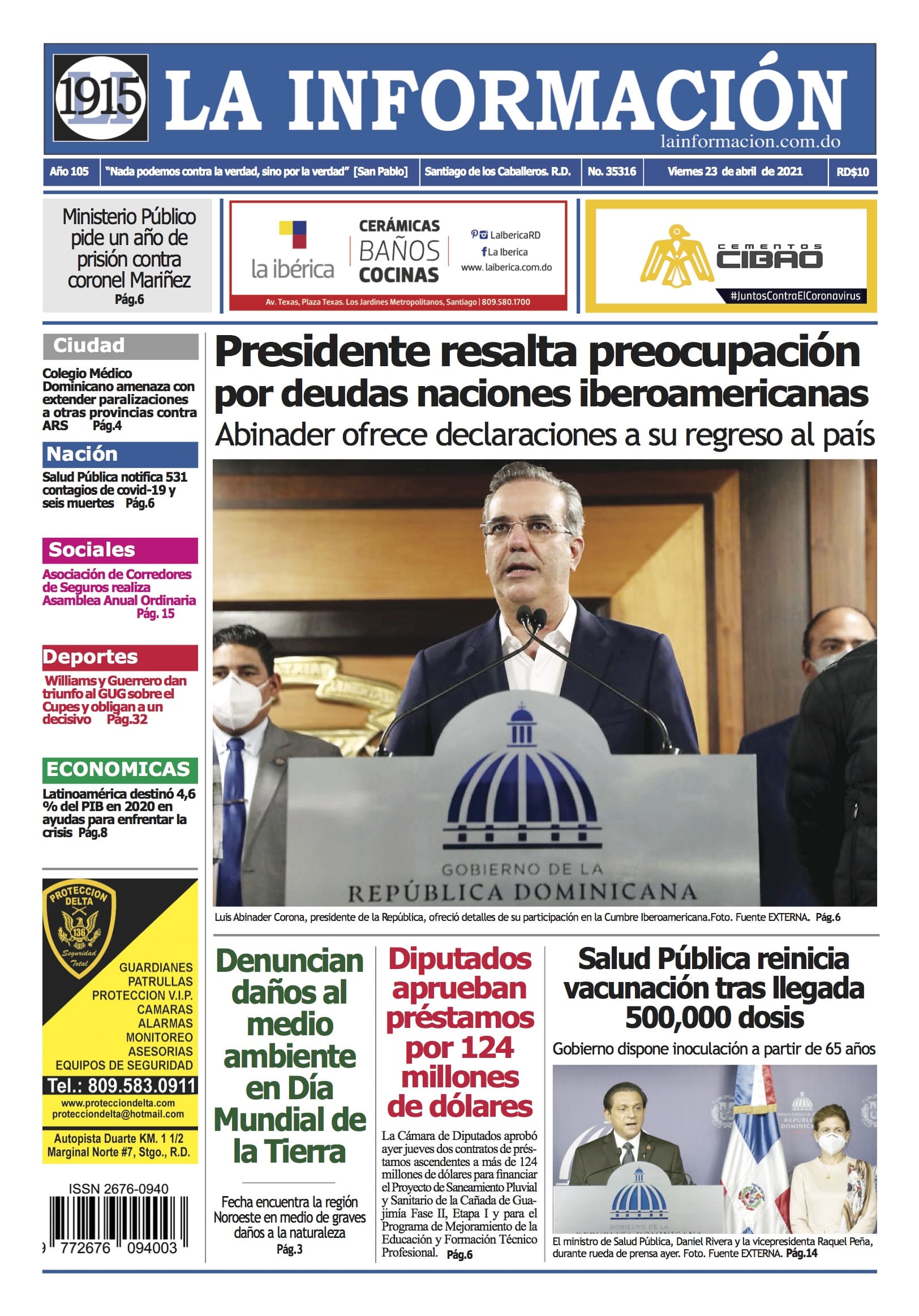 Portada Periódico La Información, Viernes 23 de Abril, 2021