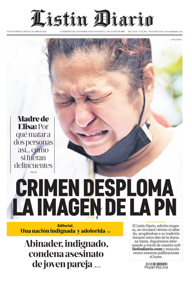 Portada Periódico Listín Diario, Jueves 01 de Abril, 2021