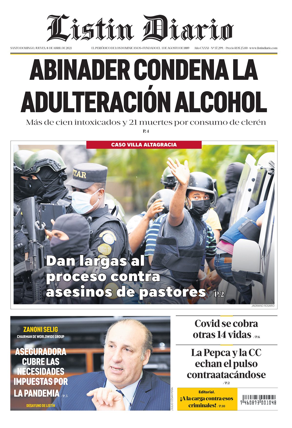 Portada Periódico Listín Diario, Jueves 08 de Abril, 2021