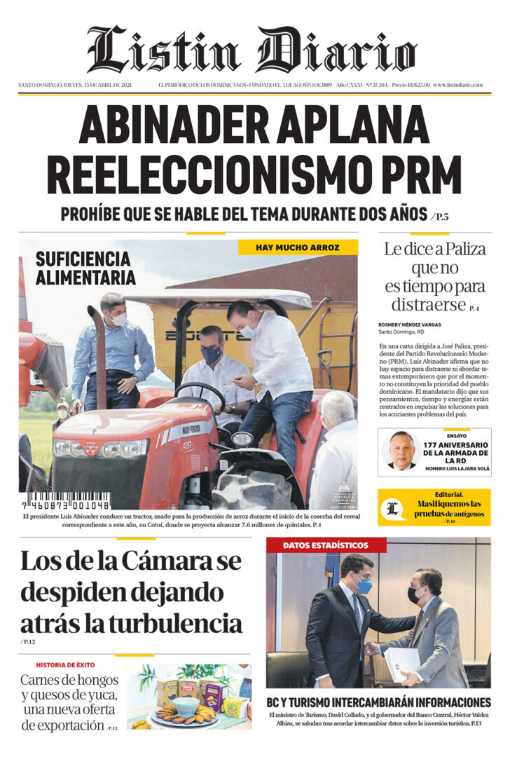 Portada Periódico Listín Diario, Jueves 15 de Abril, 2021