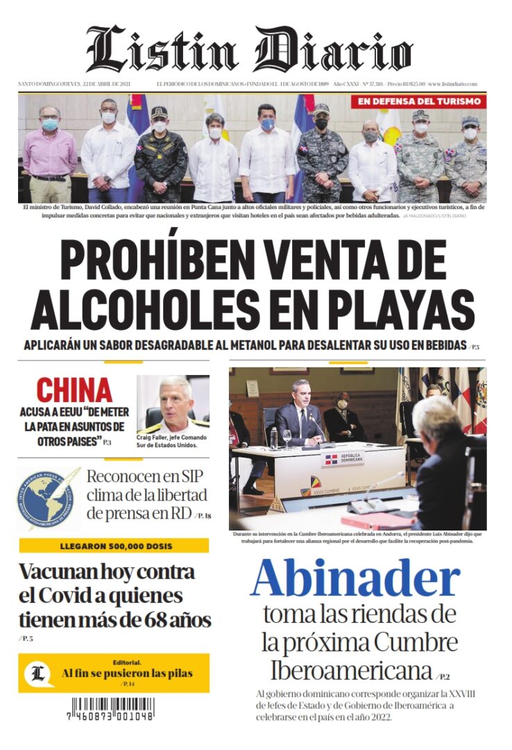 Portada Periódico Listín Diario, Jueves 22 de Abril, 2021