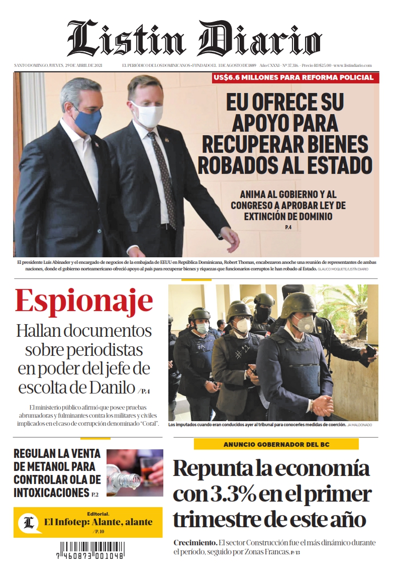 Portada Periódico Listín Diario, Jueves 29 de Abril, 2021