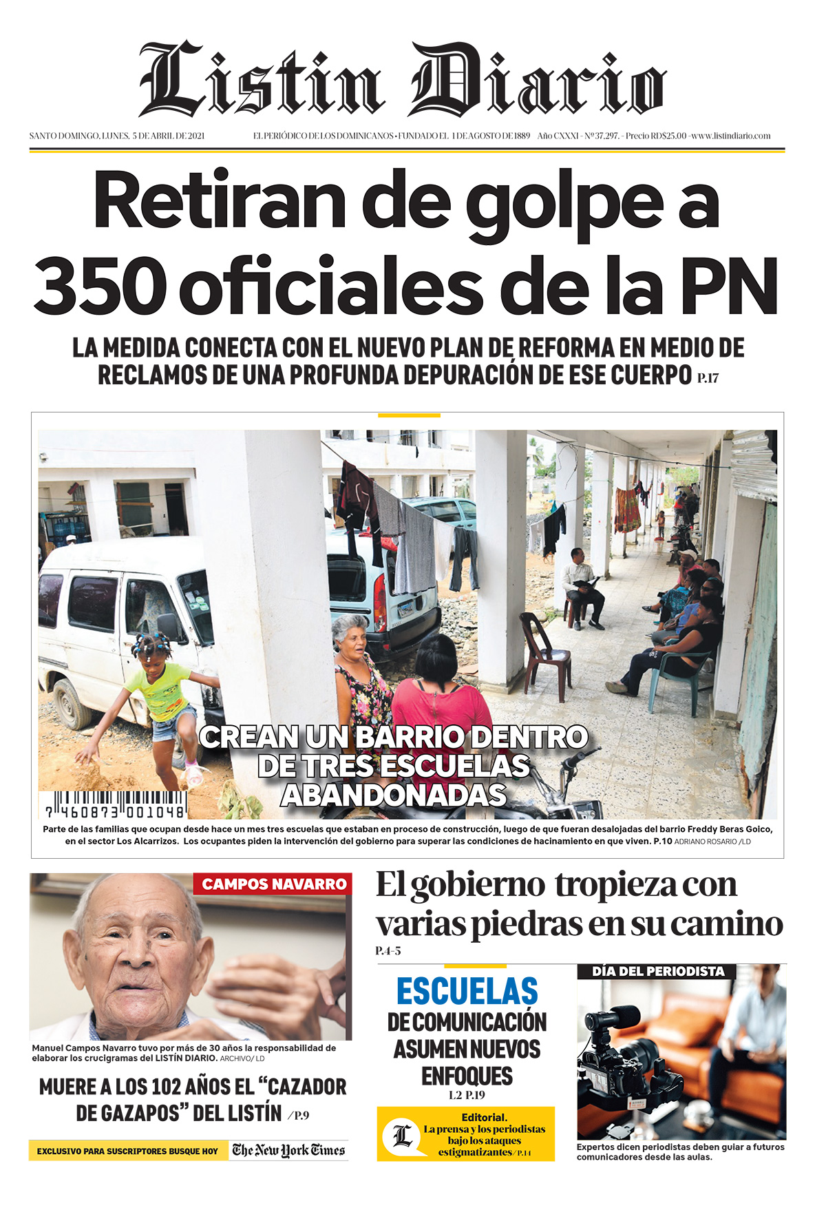 Portada Periódico Listín Diario, Lunes 05 de Abril, 2021