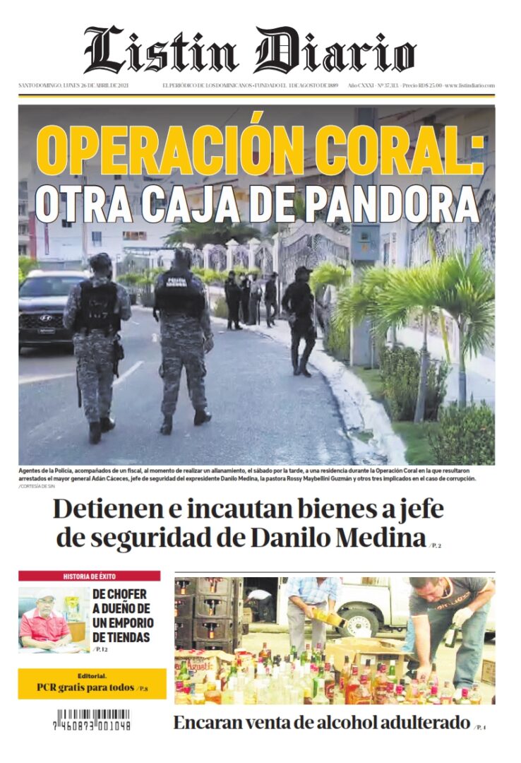 Portada Periódico Listín Diario, Lunes 26 de Abril, 2021
