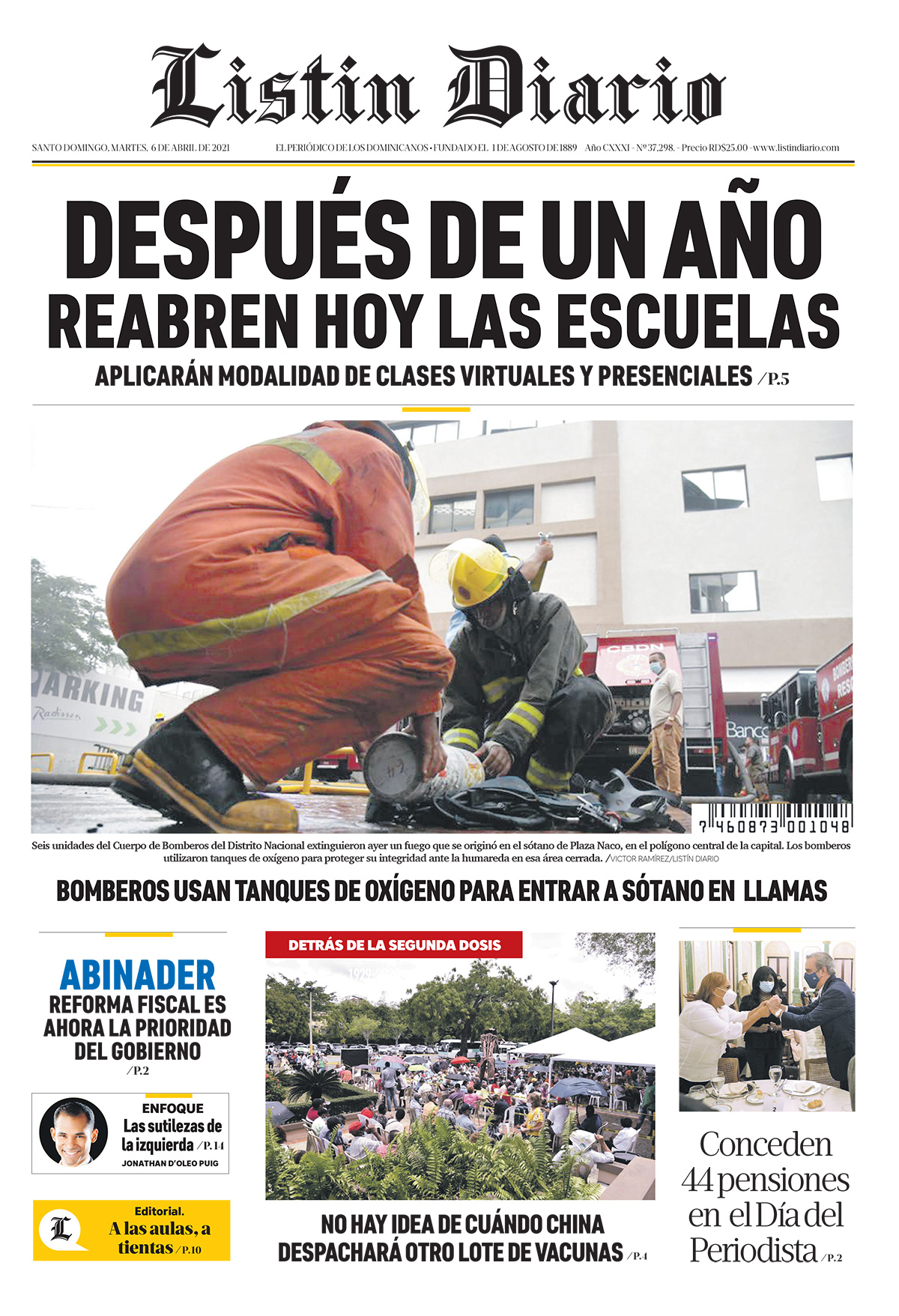 Portada Periódico Listín Diario, Martes 06 de Abril, 2021