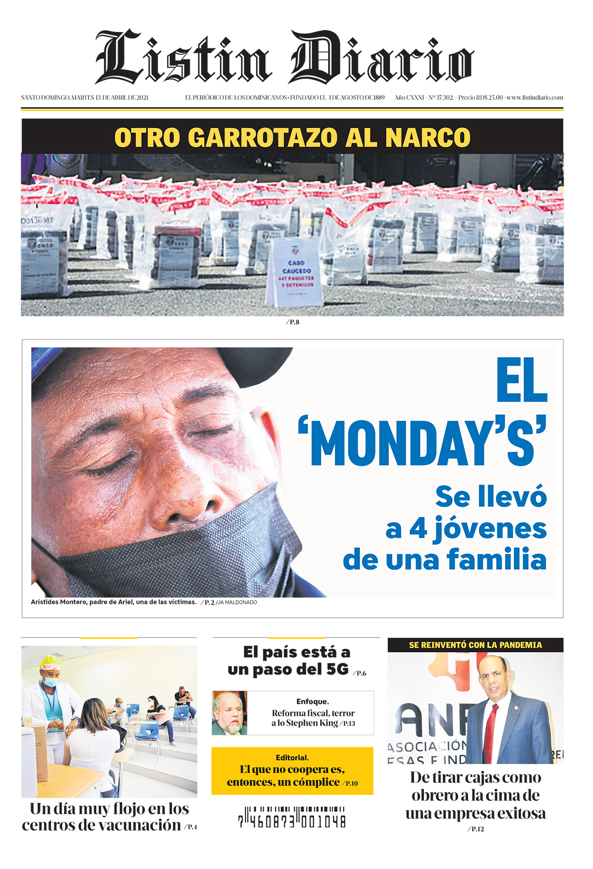 Portada Periódico Listín Diario, Martes 13 de Abril, 2021