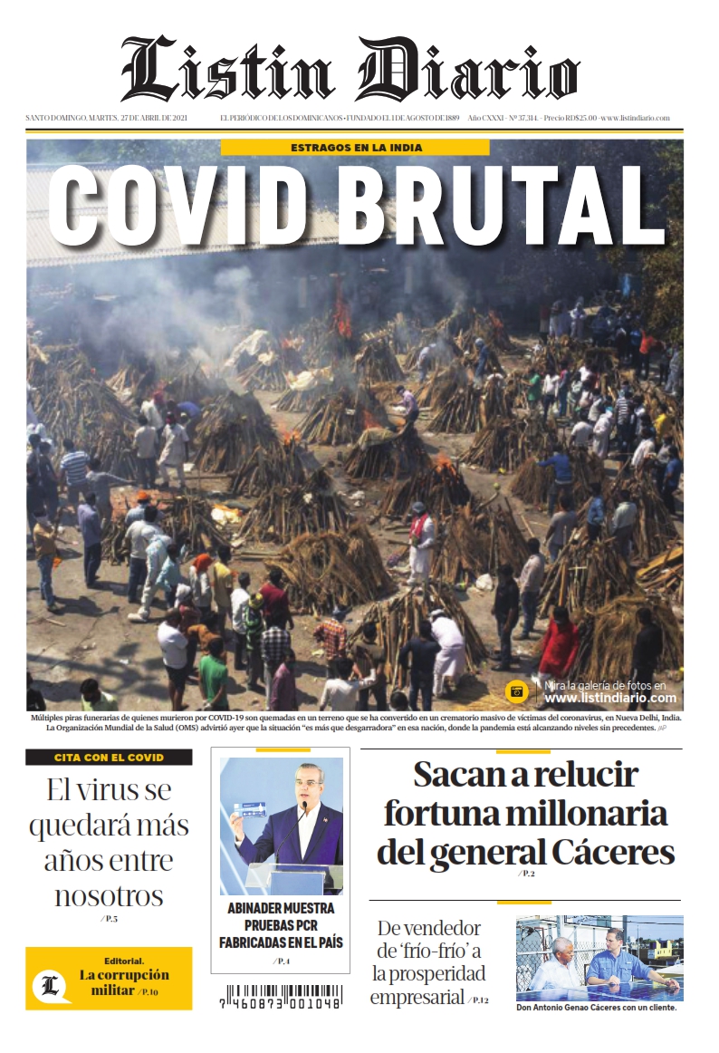 Portada Periódico Listín Diario, Martes 27 de Abril, 2021