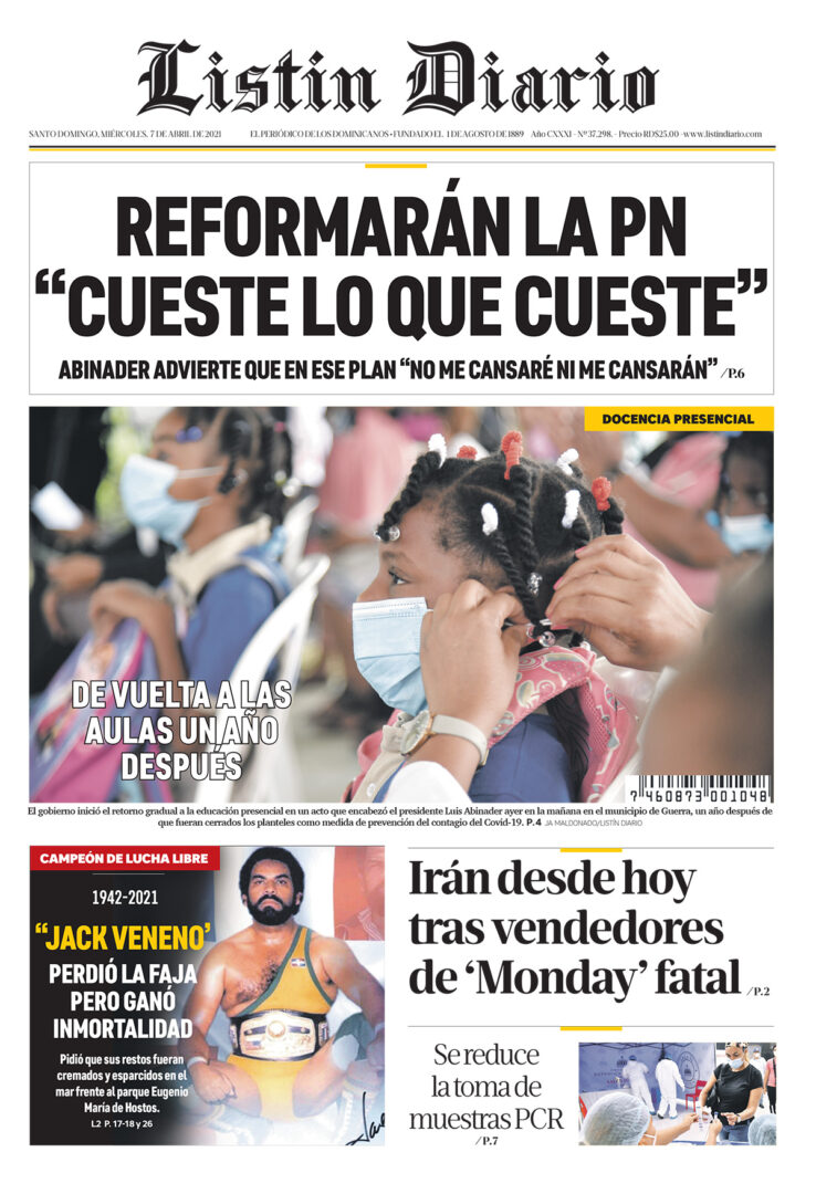 Portada Periódico Listín Diario, Miércoles 07 de Abril, 2021