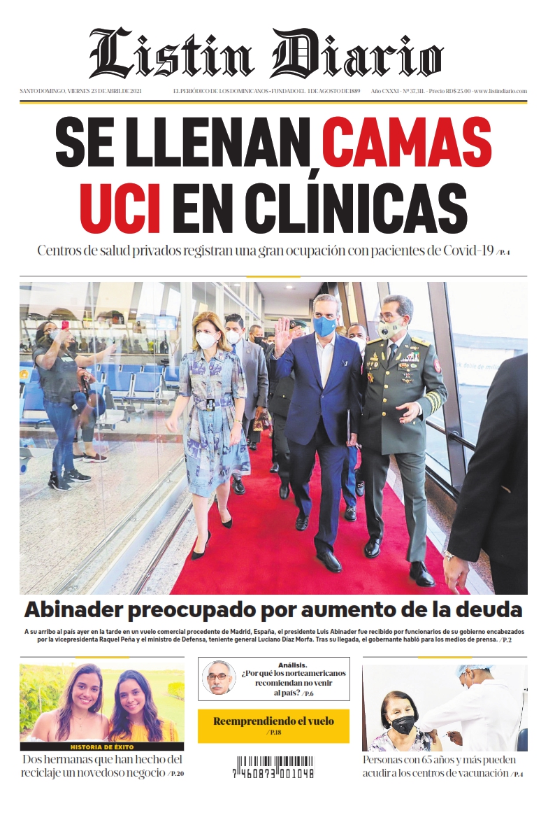 Portada Periódico Listín Diario, Viernes 23 de Abril, 2021