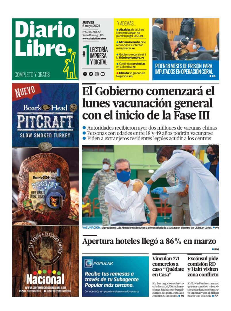 Portada Periódico Diario Libre, Jueves 06 de Mayo, 2021