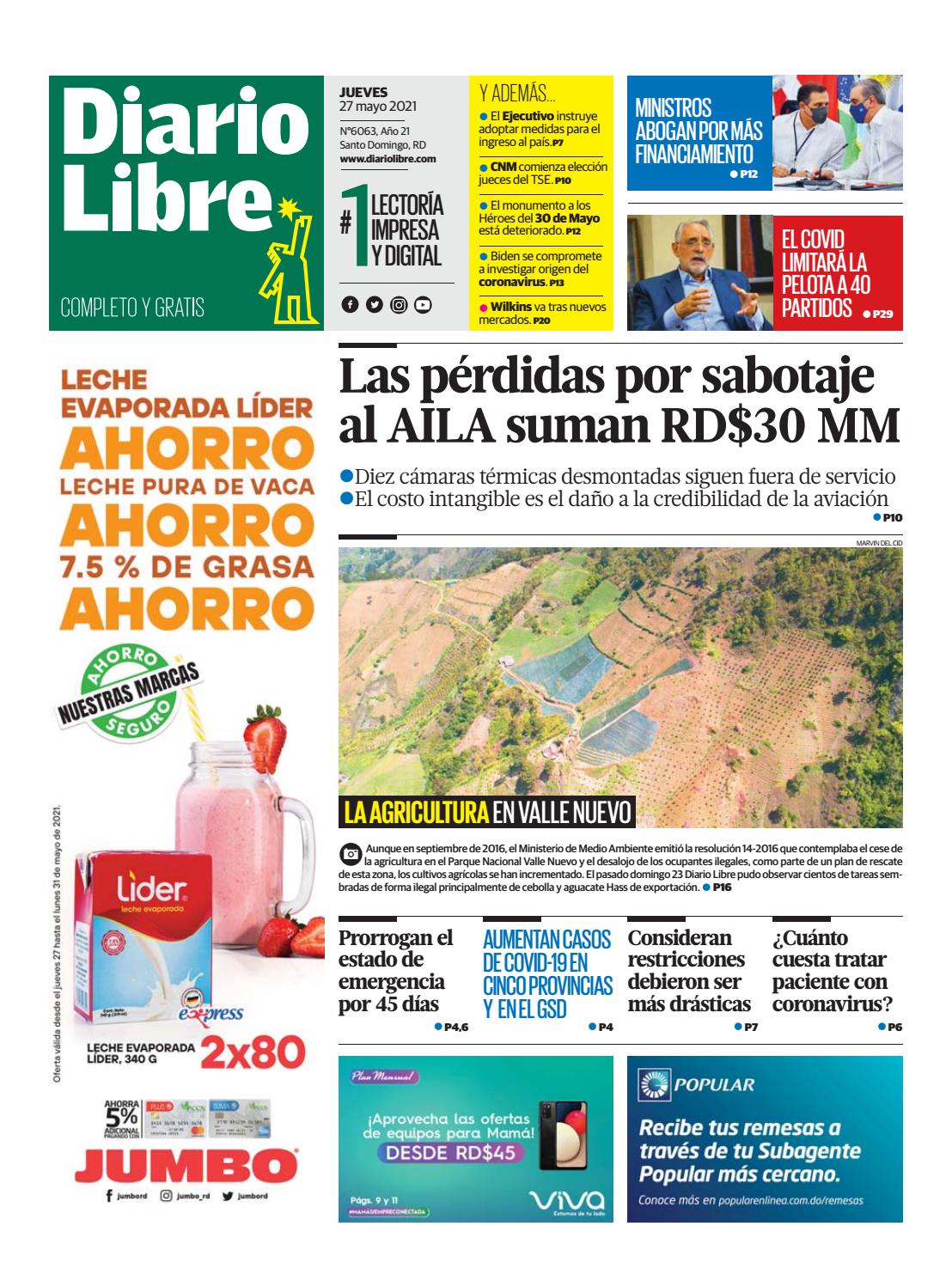 Portada Periódico Diario Libre, Jueves 27 de Mayo, 2021