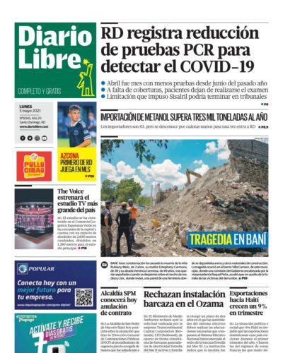 Portada Periódico Diario Libre, Lunes 03 de Mayo, 2021