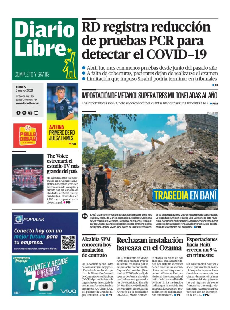 Portada Periódico Diario Libre, Lunes 03 de Mayo, 2021