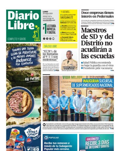 Portada Periódico Diario Libre, Lunes 24 de Mayo, 2021
