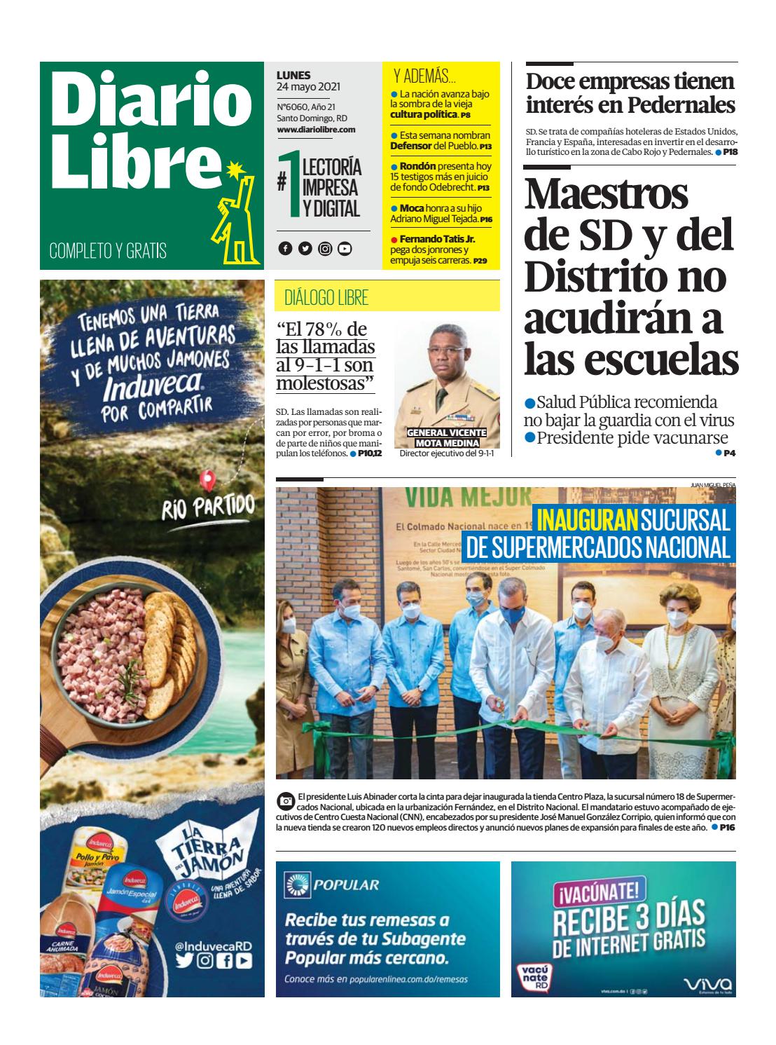 Portada Periódico Diario Libre, Lunes 24 de Mayo, 2021
