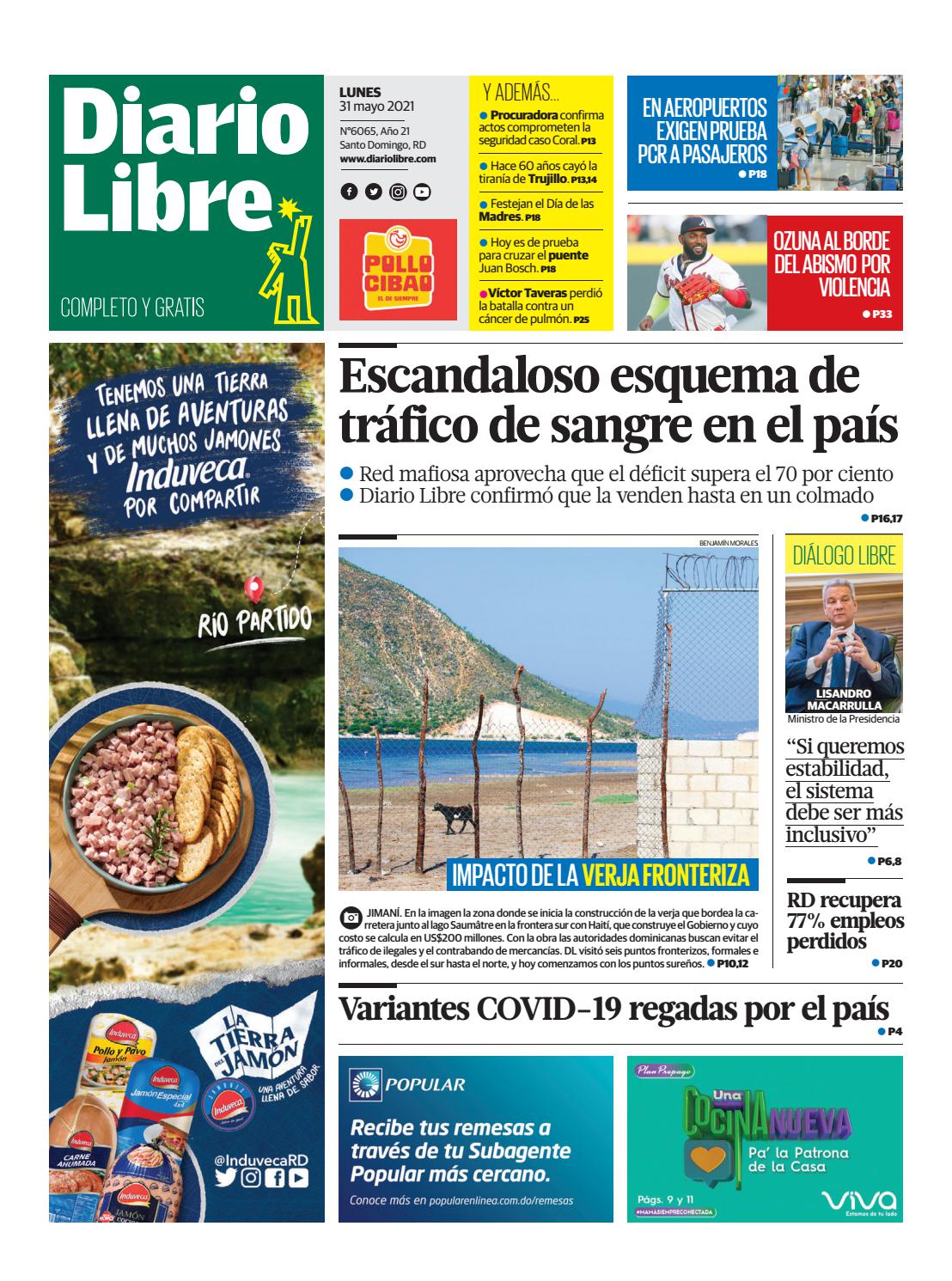 Portada Periódico Diario Libre, Lunes 31 de Mayo, 2021