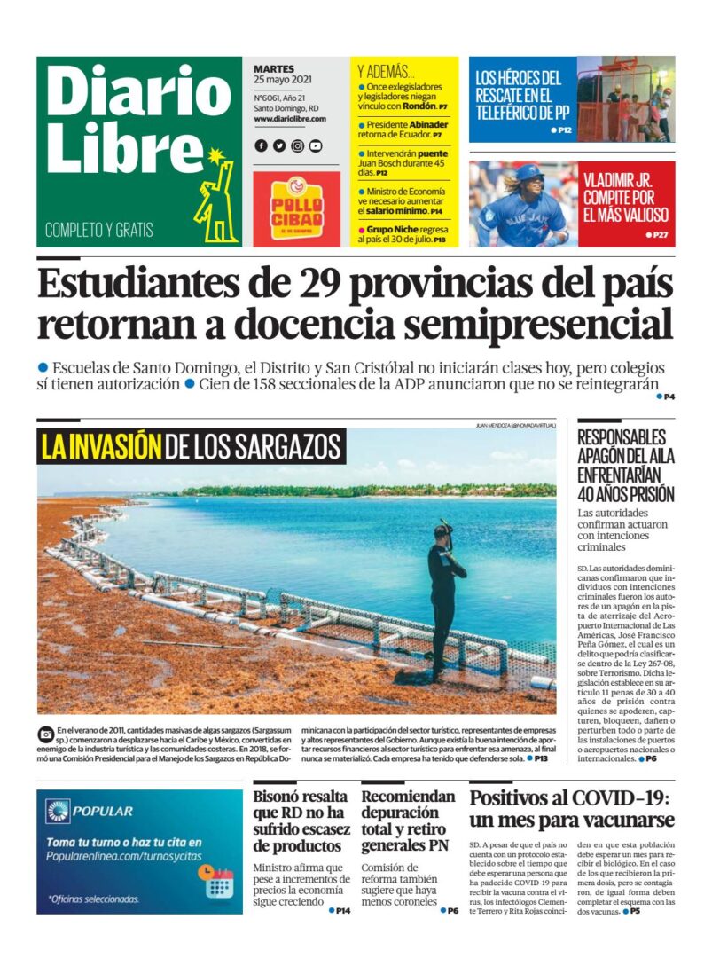 Portada Periódico Diario Libre, Martes 25 de Mayo, 2021