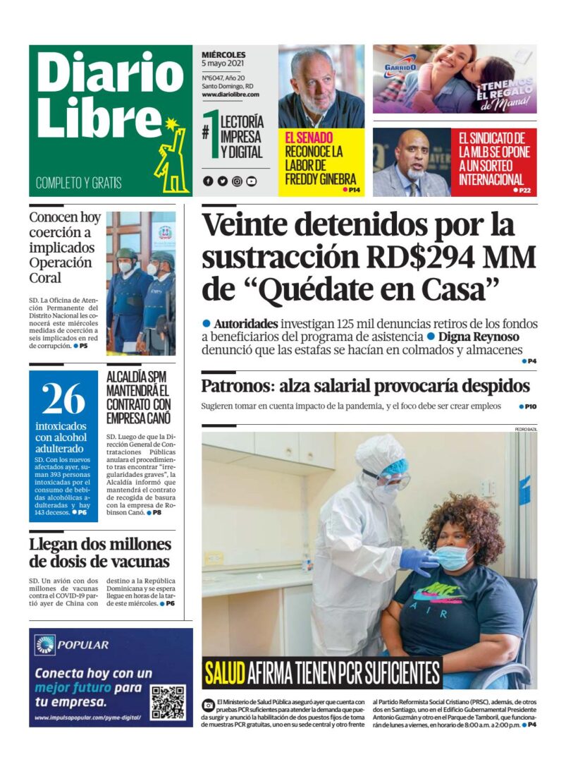 Portada Periódico Diario Libre, Miércoles 05 de Mayo, 2021