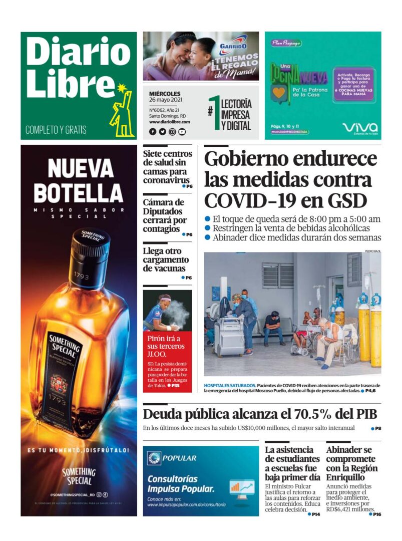 Portada Periódico Diario Libre, Miércoles 26 de Mayo, 2021