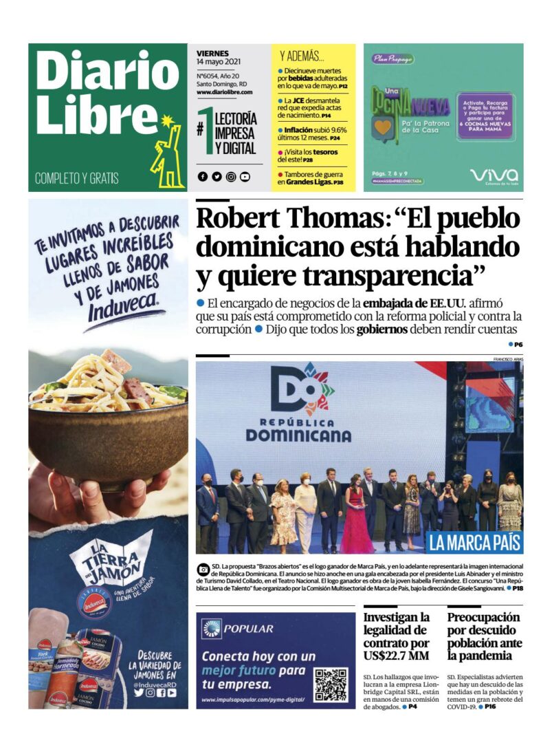 Portada Periódico Diario Libre, Viernes 14 de Mayo, 2021