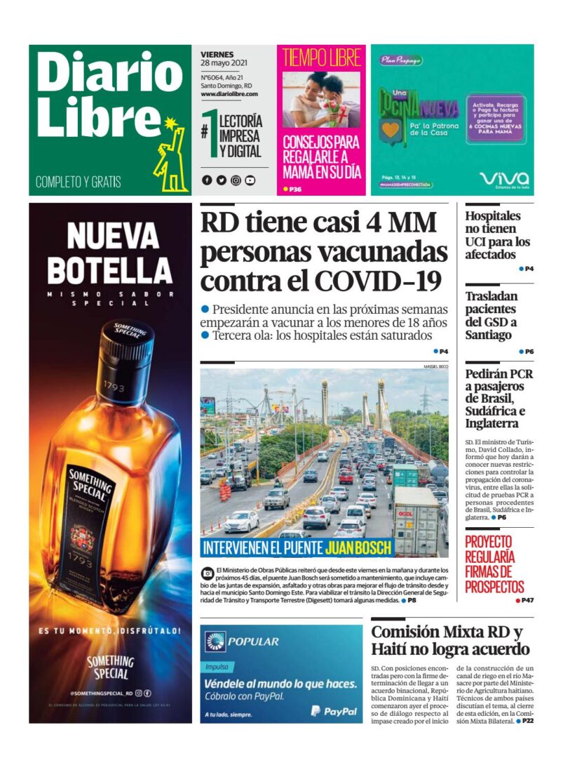 Portada Periódico Diario Libre, Viernes 28 de Mayo, 2021