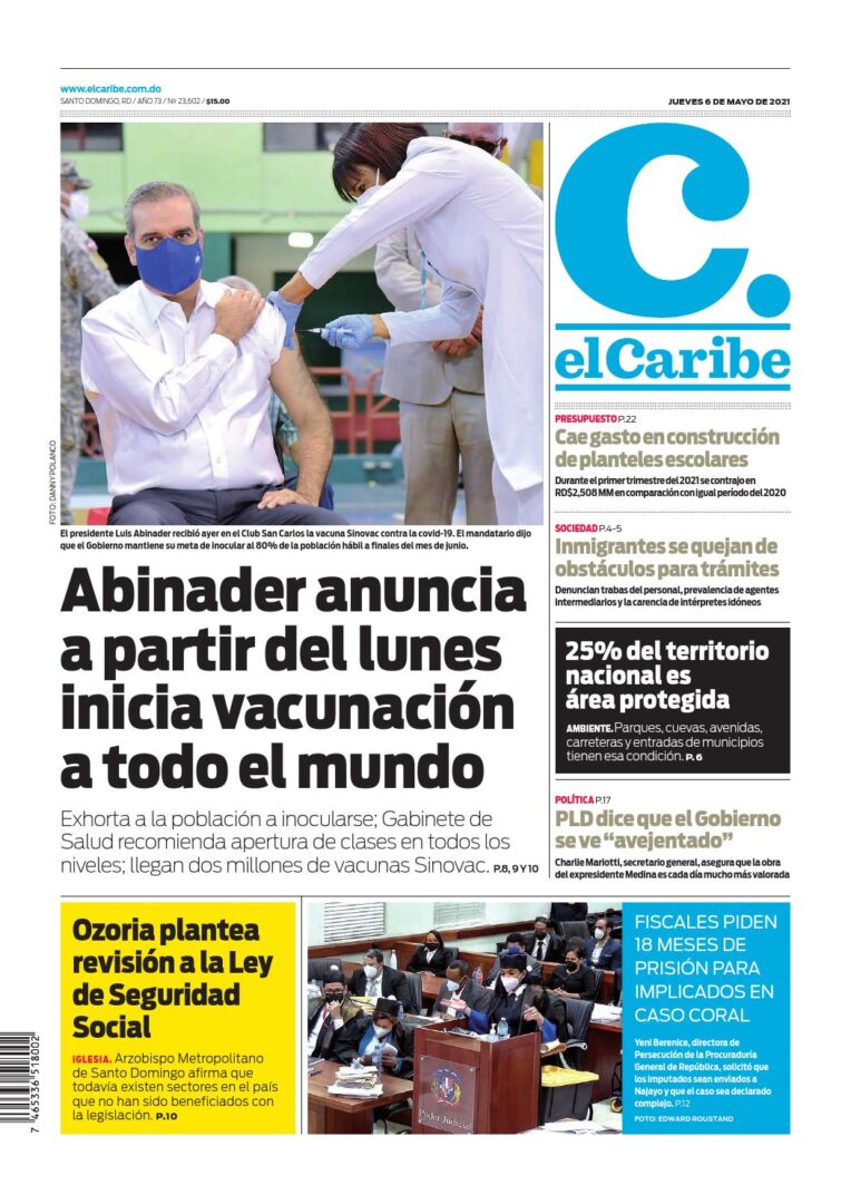 Portada Periódico El Caribe, Jueves 06 de Mayo, 2021