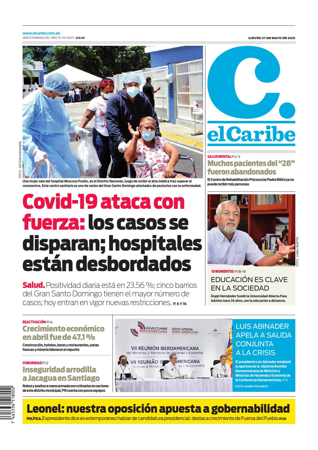 Portada Periódico El Caribe, Jueves 27 de Mayo, 2021