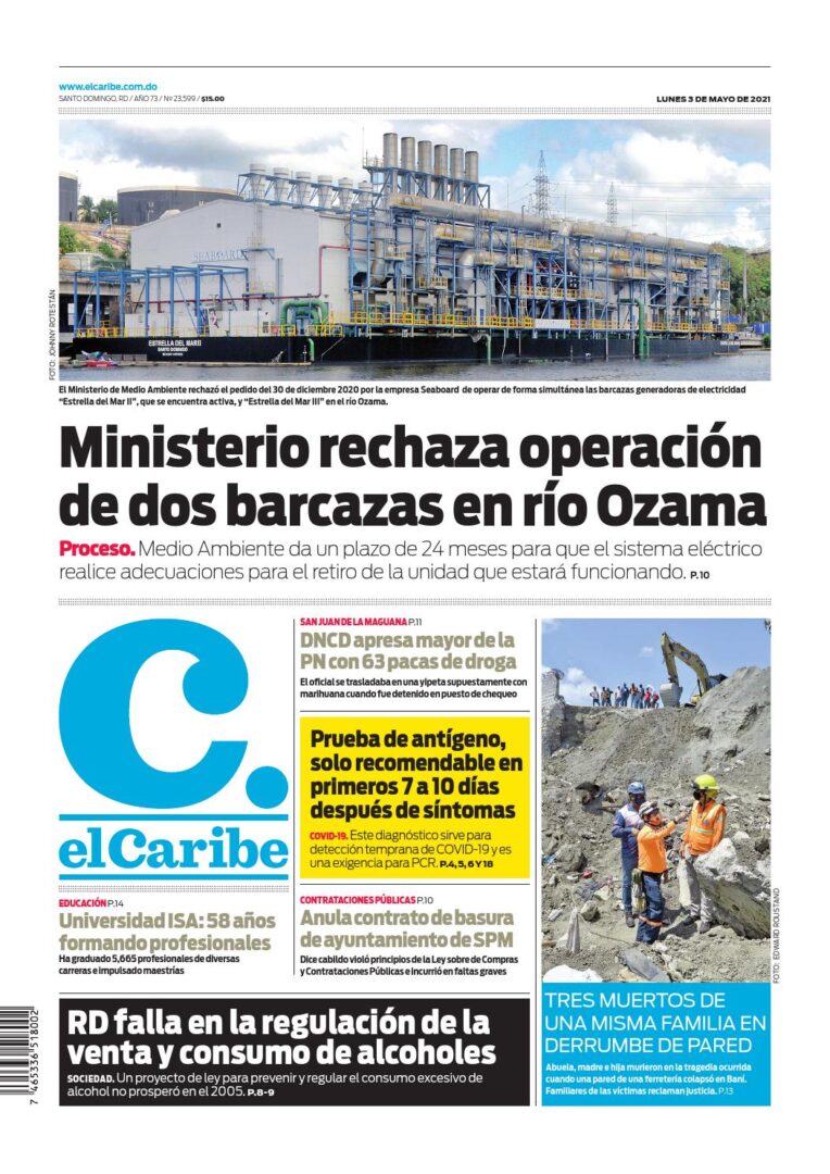 Portada Periódico El Caribe, Lunes 03 de Mayo, 2021