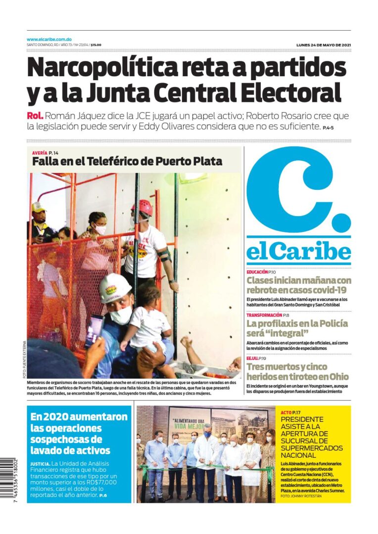 Portada Periódico El Caribe, Lunes 24 de Mayo, 2021