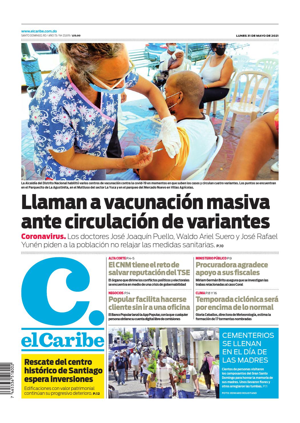 Portada Periódico El Caribe, Lunes 31 de Mayo, 2021
