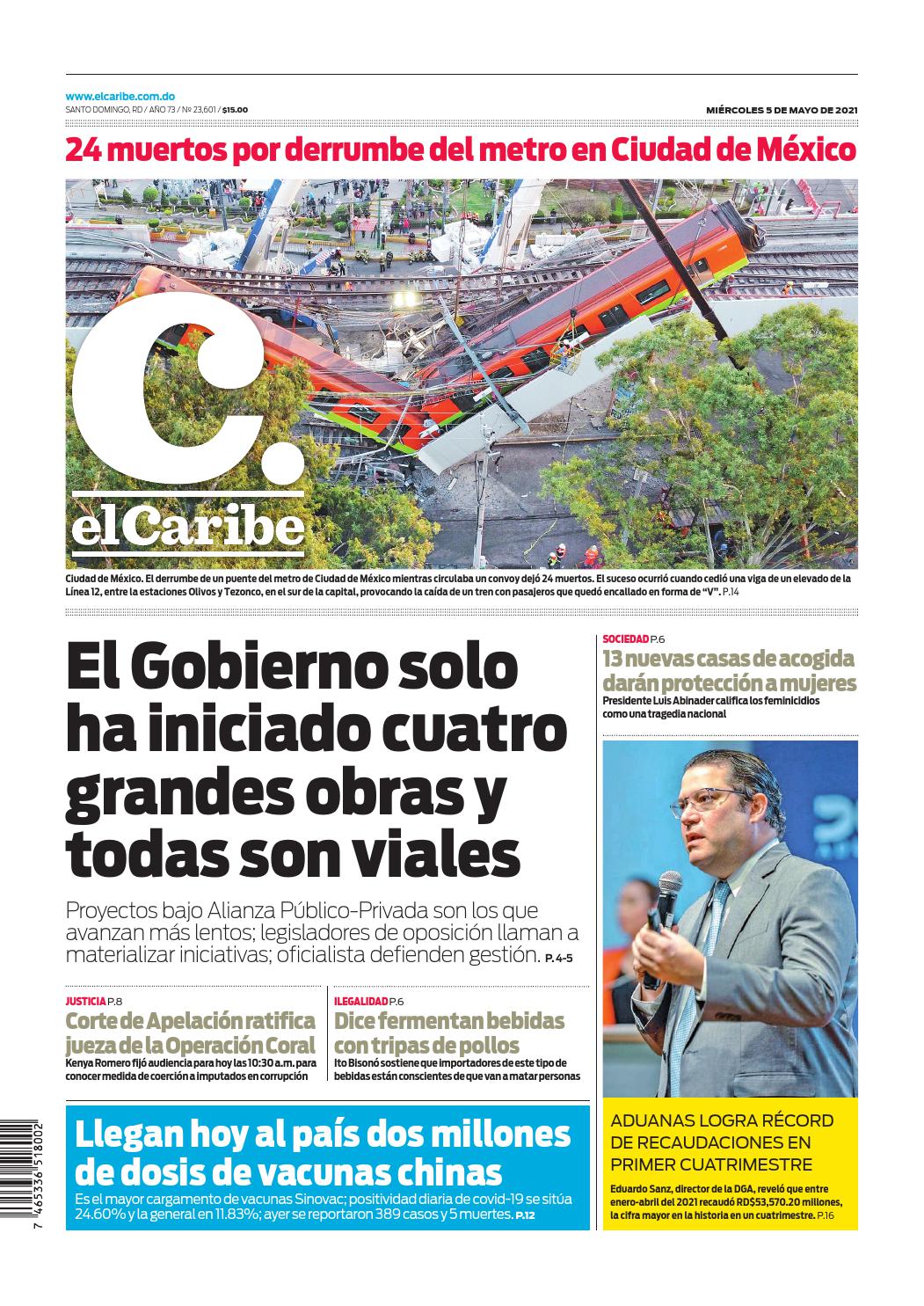 Portada Periódico El Caribe, Miércoles 05 de Mayo, 2021